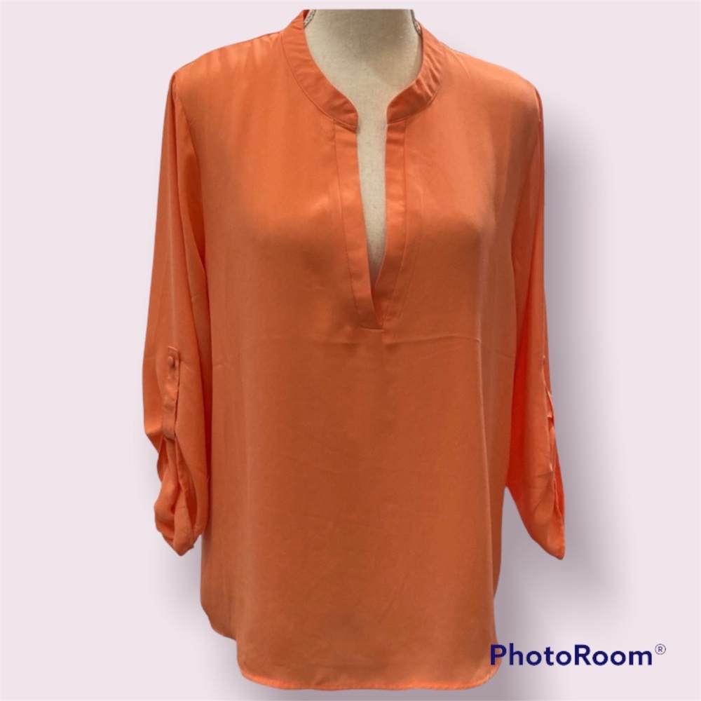 Chelsea Taylor - Henley Split Neck Blouse with Roll-Up Sleeves and Hi-Low Hem - Picture 1 of 10